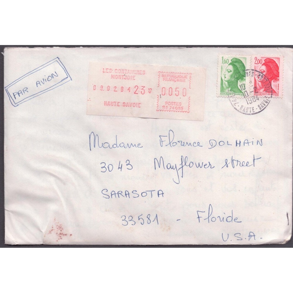 Vintage 1984 French Airmail Envelope Haute-Savoie to Florida Par Avion Stamps